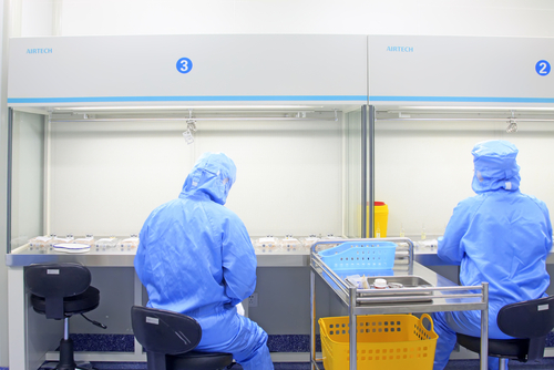 2 scientists sit at individual stations in protective gear studying various petri dishes.