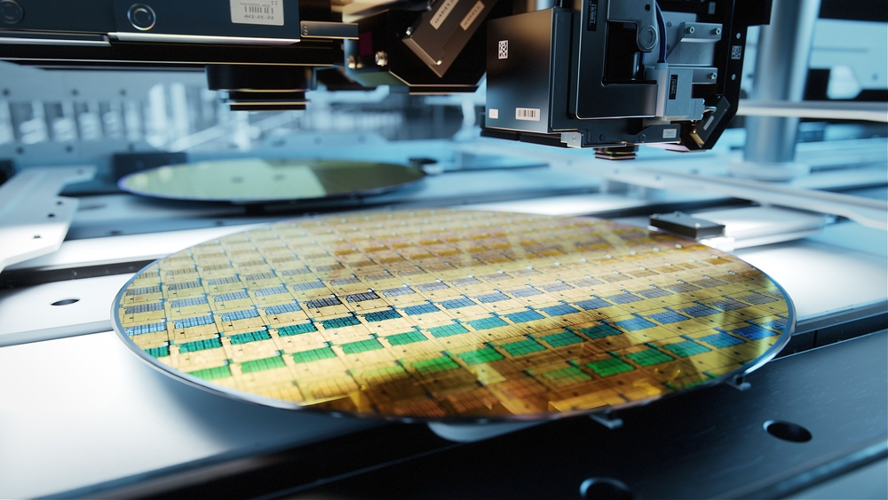 Close-up of linear motion system placing semiconductor chips on a silicon wafer